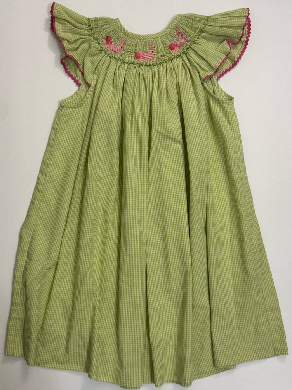 Girls' Light Green Gingham Smocked Dress with Pink Accents